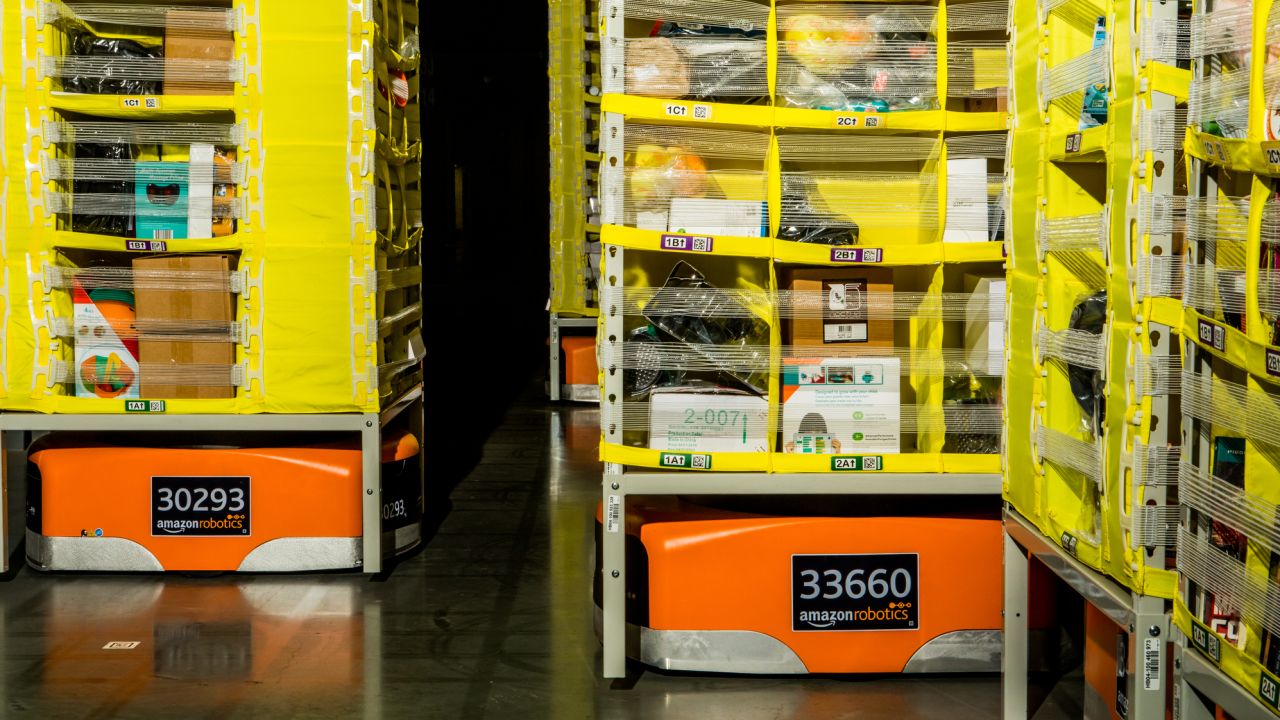 Robots are used in the Amazon fulfillment center.