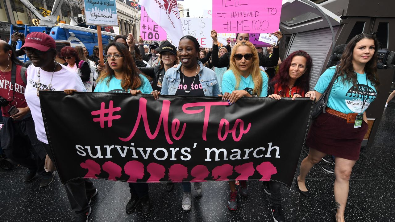 Women who are survivors of sexual harassment, sexual assault, sexual abuse and their supporters protesting during a #MeToo march in Hollywood, in 2017.
