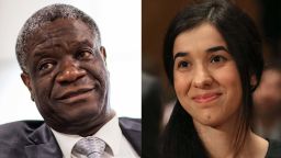 LEFT: TOKYO, JAPAN - OCTOBER 02: (CHINA OUT, SOUTH KOREA OUT) Democratic Republic of the Congo doctor Denis Mukwege speaks during the Asahi Shimbun interview on October 2, 2016 in Tokyo, Japan. (Photo by The Asahi Shimbun via Getty Images)

RIGHT: WASHINGTON, DC - JUNE 21: Nadia Murad, (C), human rights activist, arrives at a Senate Homeland Security and Governmental Affairs Committee hearing on Capitol Hill, June 21, 2016 in Washington, DC. The committee heard testimony 'The Ideology of ISIS,' and examining ISIS ideology and how it relates to the most recent terror attack in Orlando. (Photo by Mark Wilson/Getty Images)
