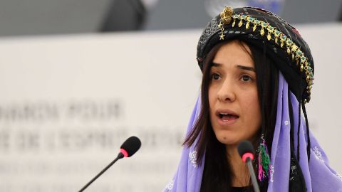 Nadia Murad delivers a speech after being named co-laureate of  the 2016 Sakharov human rights prize.
