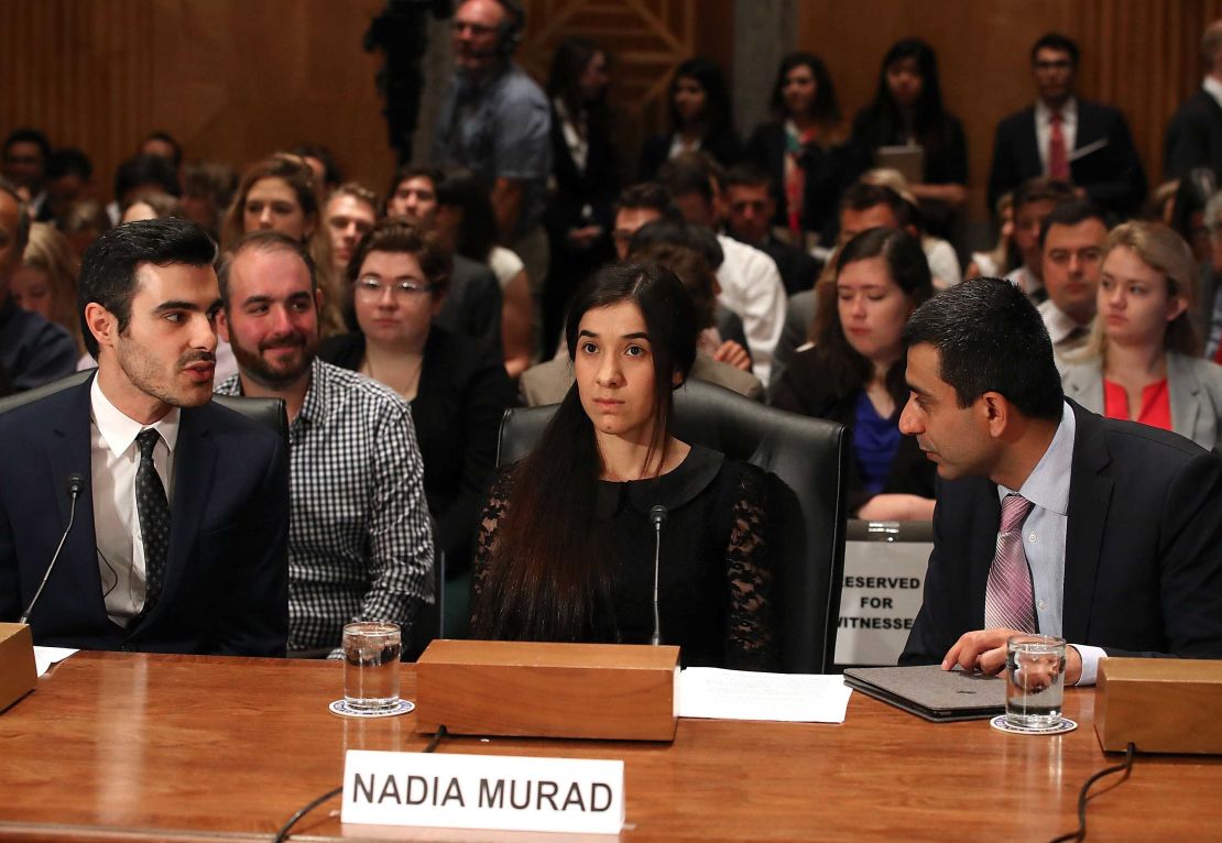 Future Nobel Peace Prize winner Nadia Murad testifies during a June 2016 US Senate hearing.
