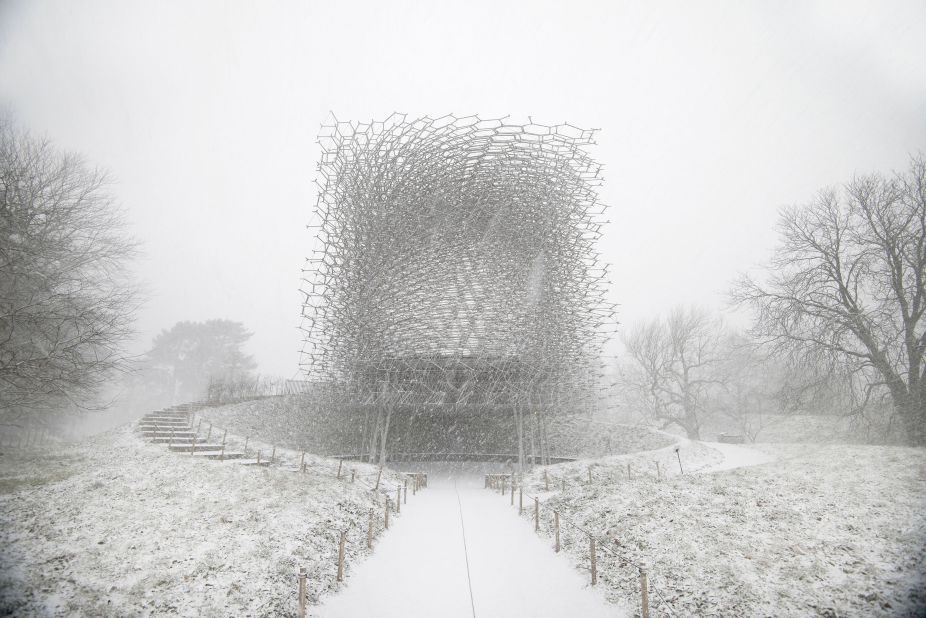 Jeff Eden is another photographer who captured The Hive at the Royal Botanic Gardens in UK. While Kanipak's image shows the interior of the building, Eden photographed the design in the snow. 