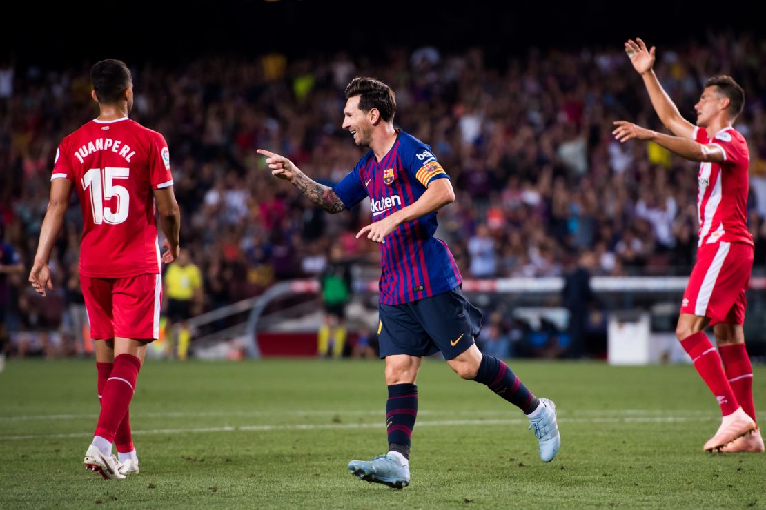 Lionel Messi celebrates after scoring for Barcelona against Girona in December. The reverse fixture is slated to be in Miami.