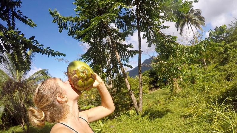 The final leg, from Cape Verde to the Caribbean, is the longest and takes about 18 days to sail. This is the most time Van der Veeken has had on a boat without seeing land. On arrival, she rewarded herself with a fresh coconut.