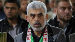 DEIR AL BALAH, GAZA - MAY 08: Leader of Hamas in the Gaza Strip, Yahya Sinwar attends the commemorative ceremony for Izz ad-Din al-Qassam Brigades' six members who who lost their lives on the blast in central Gaza Strip, on May 8, 2018 in Deir Al Balah, Gaza on May 08, 2018. (Photo by Ashraf Amra/Anadolu Agency/Getty Images)