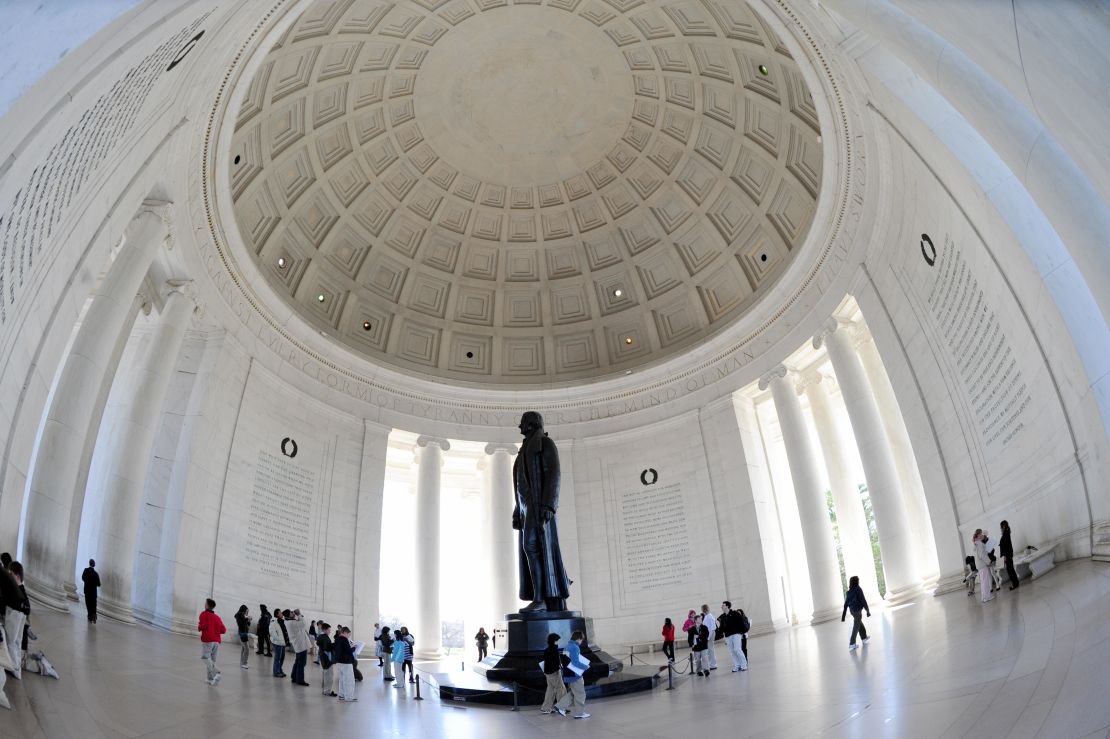 The interior of the Jefferson Memorial features white Georgia marble.