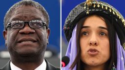 (COMBO) This combination created on October 5, 2018 of file pictures shows Congolese gynaecologist Denis Mukwege (L, on November 26, 2014 at the European Parliament in Strasbourg) and Nadia Murad, public advocate for the Yazidi community in Iraq and survivor of sexual enslavement by the Islamic State jihadists (on December 13, 2016 at the European parliament in Strasbourg). - Congolese doctor Denis Mukwege and Yazidi campaigner Nadia Murad won the 2018 Nobel Peace Prize on October 5, 2018 for their work in fighting sexual violence in conflicts around the world. (Photo by Frederick FLORIN / AFP)        (Photo credit should read FREDERICK FLORIN/AFP/Getty Images)