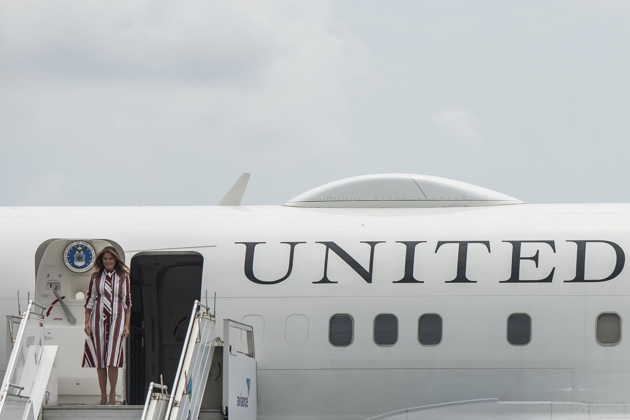 First lady Melania Trump disembarks from her plane after landing at Kotoka International Airport in Accra, Ghana, on Tuesday, October 2, as she begins her weeklong trip to Africa to promote her 'Be Best' campaign.