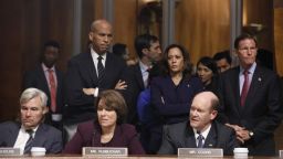 Senator Chris Coons, a Democrat from Delaware, bottom right, speaks as Senator Amy Klobuchar, a Democrat from Minnesota, and Senator Sheldon Whitehouse, a Democrat from Rhode Island, bottom left, listen during a Senate Judiciary Committee markup hearing in Washington, D.C., U.S., on Friday, Sept. 28, 2018. A Senate Judiciary Committee vote on Brett Kavanaugh's Supreme Court nomination was held up by last-minute wrangling Friday by members of the panel, as Republicans and Democrats continued to spar over sexual assault allegations against the nominee. Photographer: Aaron P. Bernstein/Bloomberg via Getty Images