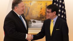 US Secretary of State Mike Pompeo shakes hands with Japan's Foreign Minister Taro Kono at the Prime Ministers office in Tokyo on Saturday, October 6.