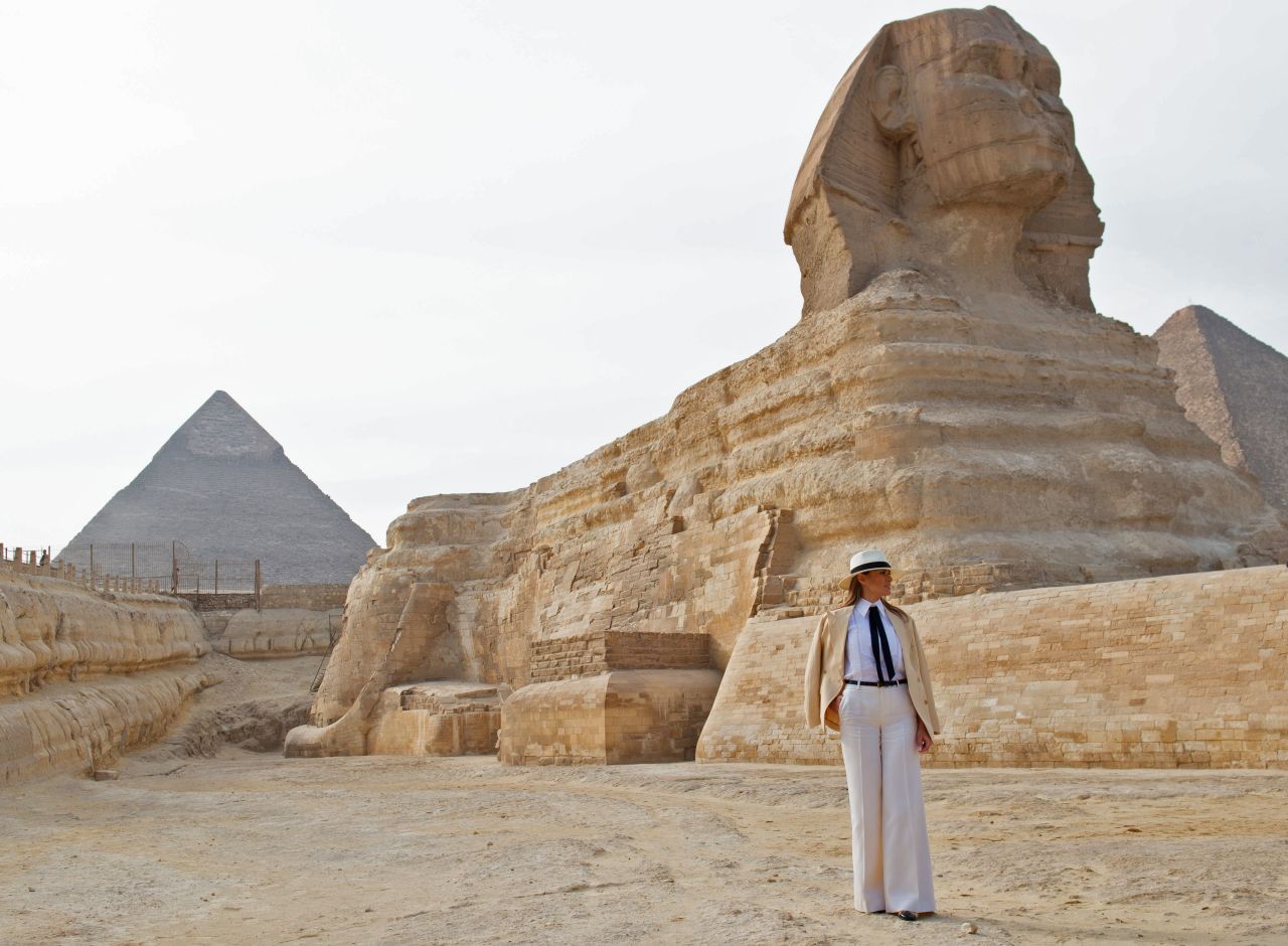 First Lady Melania Trump visits the Giza Pyramids and Sphinx on October 6.