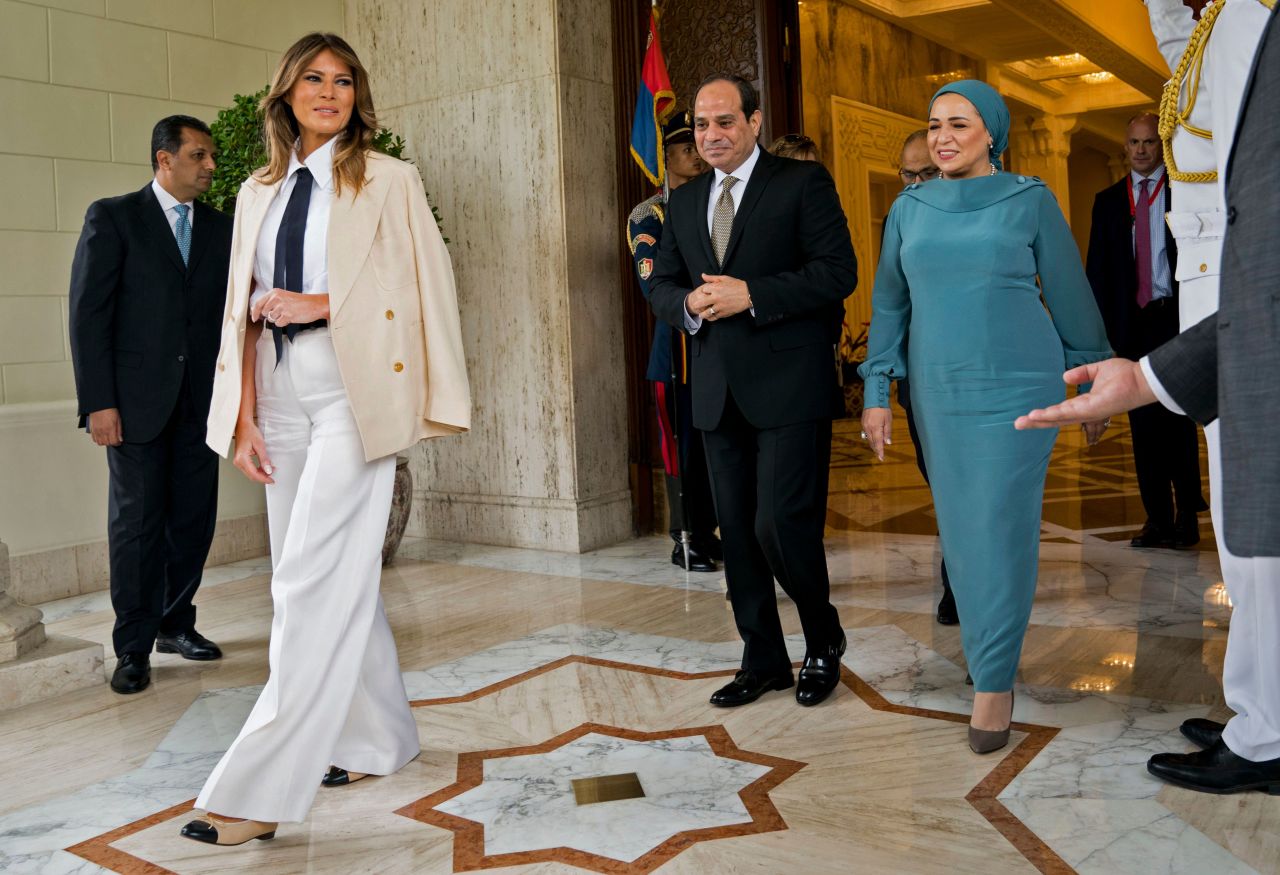 First Lady Melania Trump meets with Egyptian President Abdel Fattah al-Sisi and his wife, Intissar Amer al-Sisi, at the Presidential palace in Cairo on October 6.