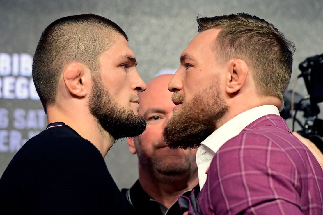 Nurmagomedov faces-off with  McGregor during the UFC 229 Press Conference.