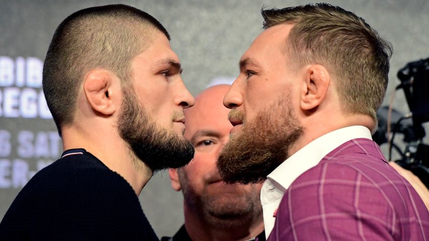 NEW YORK, NY - SEPTEMBER 20:  Lightweight champion Khabib Nurmagomedov faces-off with Conor McGregor during the UFC 229 Press Conference at Radio City Music Hall on September 20, 2018 in New York City.  (Photo by Steven Ryan/Getty Images)