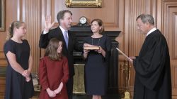 Chief Justice John G. Roberts, Jr., administers the Constitutional Oath to Judge Brett M. Kavanaugh in the Justices' Conference Room, Supreme Court Building. Mrs. Ashley Kavanaugh  holds the Bible.
Credit: Fred Schilling, Collection of the Supreme Court of the United States.