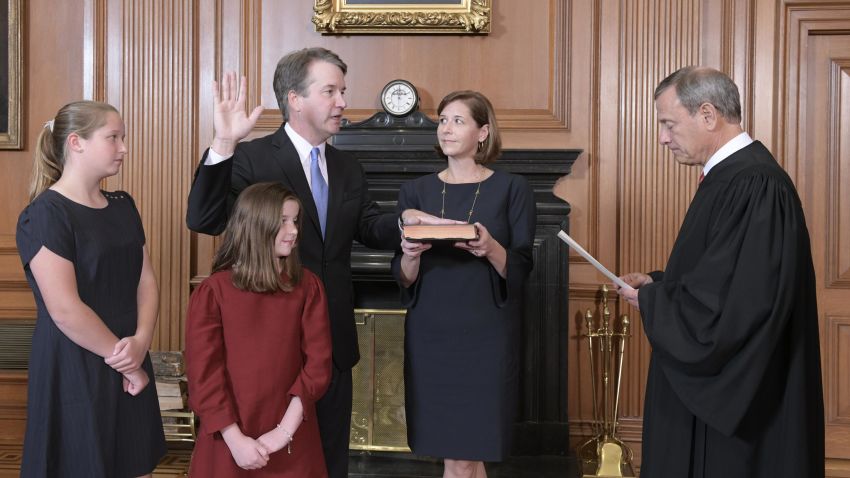 Chief Justice John G. Roberts, Jr., administers the Constitutional Oath to Judge Brett M. Kavanaugh in the Justices' Conference Room, Supreme Court Building. Mrs. Ashley Kavanaugh  holds the Bible.
Credit: Fred Schilling, Collection of the Supreme Court of the United States.
