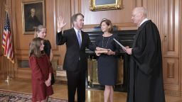Justice Anthony M. Kennedy, (Retired) administers the Judicial Oath to Judge Brett M. Kavanaugh in the Justices' Conference Room, Supreme Court Building. Mrs. Ashley Kavanaugh holds the Bible.Credit: Fred Schilling, Collection of the Supreme Court of the United States