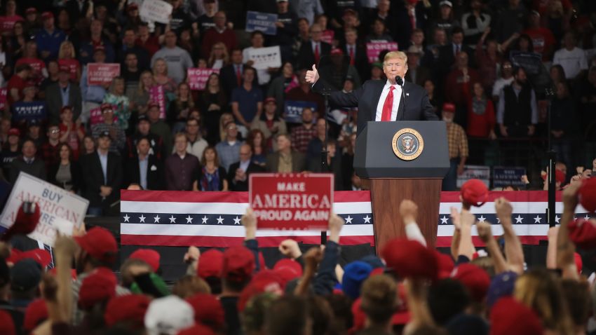 TOPEKA, KS - OCTOBER 06:  U.S. President Donald Trump speaks to supporters during a rally at the Kansas Expocenter on October 6, 2018 in Topeka, Kansas. Trump scored a political victory today when Judge Brett Kavanaugh was confirmed by the Senate to become the next Supreme Court justice.  (Photo by Scott Olson/Getty Images)
