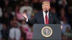 TOPEKA, KS - OCTOBER 06:  U.S. President Donald Trump speaks to supporters during a rally at the Kansas Expocenter on October 6, 2018 in Topeka, Kansas.  Trump scored a political victory today when Judge Brett Kavanaugh was confirmed by the Senate to become the next Supreme Court justice.  (Photo by Scott Olson/Getty Images)