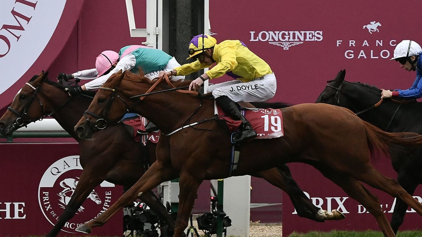Enable, ridden by Frankie Dettori, just holds off James Doyle on Sea Of Class to win the  2018 Qatar Prix de l'Arc de Triomphe flat race at the ParisLongchamp.