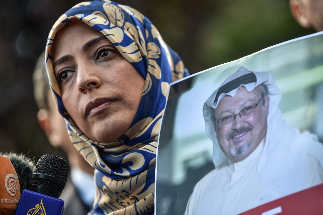Yemeni Nobel Peace Prize laureate Tawakkol Karman holds a picture of missing journalist Jamal Khashoggi during a demonstration in front of the Saudi Arabian Consulate in Istanbul, Turkey, on October 5.