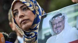 Nobel Peace Prize laureate Tawakkol Karman holds a picture of missing journalist Jamal Khashoggi during a demonstration outside the Saudi consulate in Istanbul.