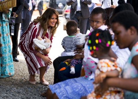 First lady Melania Trump hands out teddy bears and "Be Best"-themed blankets donated by the White House to young children and their mothers at the Greater Accra Regional Hospital in Accra, Ghana.