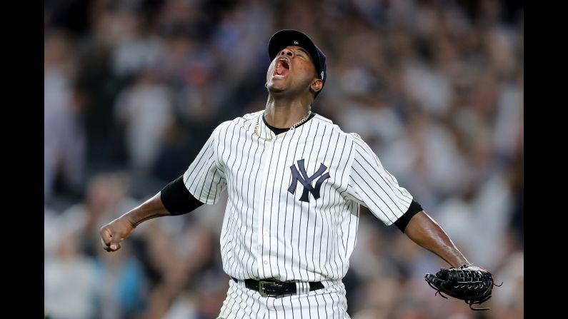 Luis Severino of the New York Yankees reacts after closing out the third inning against the Oakland Athletics during the American League Wild Card Game at Yankee Stadium on October 03, 2018. The Yankees went on to win the game and advance to the American League Division Series.