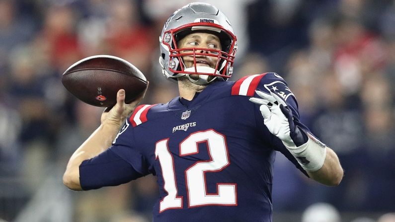 Tom Brady of the New England Patriots throws a 34-yard touchdown pass to Josh Gordon for his 500th career touchdown pass during the fourth quarter against the Indianapolis Colts at Gillette Stadium on October 4, 2018 in Foxborough, Massachusetts.