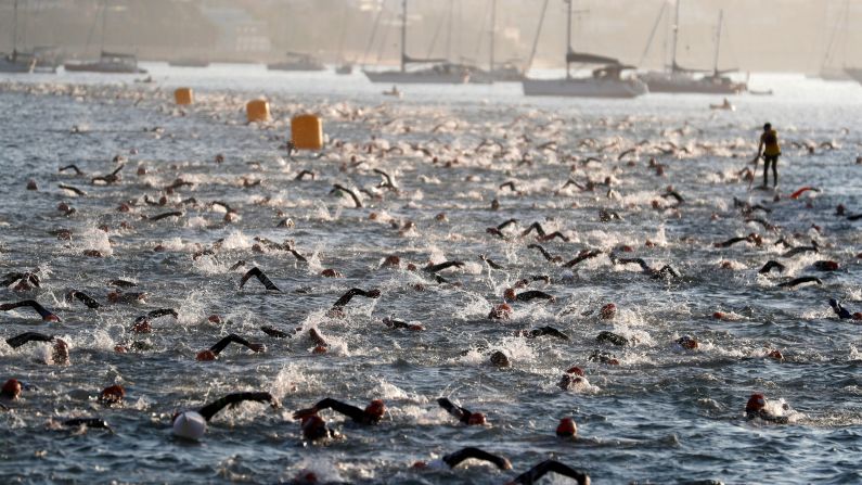 Athletes participate at Ironman 70.3 in Cascais, Portugal September 30, 2018.