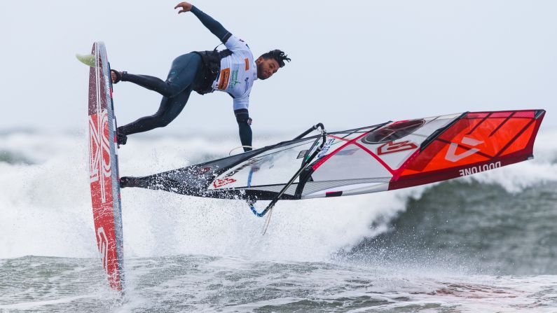 Eight-time World Champion windsurfer Gollito Estredo competes in a freestyle competition at the Mercedes-Benz Windsurf World Cup on October 2, 2018.