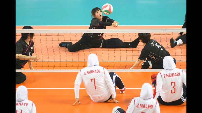 Michiyo Nishiie of Japan returns the ball against Iran in a sitting volleyball match during day one of the Asian Para Games on October 7, 2018 in Jakarta, Indonesia.