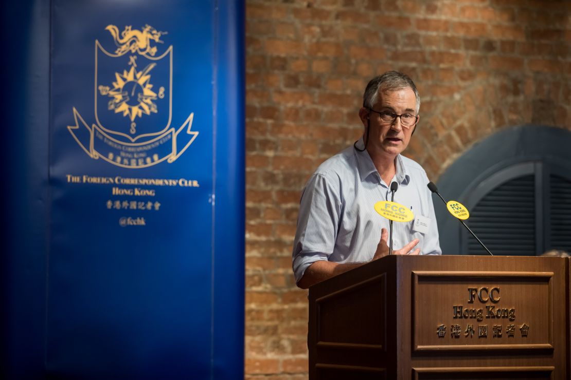 In this photo taken on August 14, 2018, Victor Mallet, a Financial Times journalist and vice president of the Foreign Correspondents' Club (FCC) speaks ahead of a talk by Andy Chan, founder of the Hong Kong National Party.