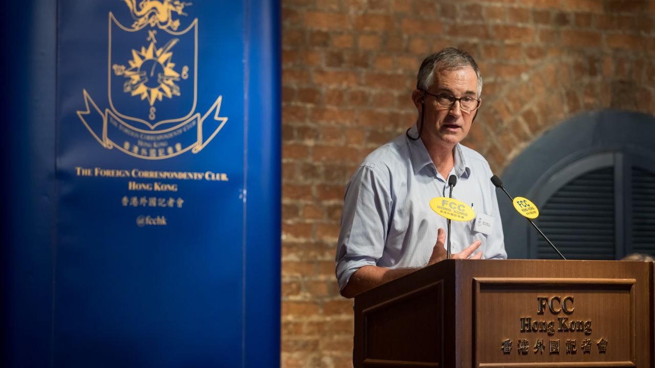 In this photo taken on August 14, 2018, Victor Mallet, a Financial Times journalist and vice president of the Foreign Correspondents' Club (FCC) speaks ahead of a talk by Andy Chan, founder of the Hong Kong National Party.
