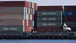 This photo shows Chinese shipping containers that were unloaded at the Port of Long Beach, in Los Angeles County, on September 29, 2018. - President Donald Trump insisted that there had been "absolutely no impact" on the US economy from the escalating trade dispute between his administration and China. "We have to make it fair. So we're at $250 billion now, 25 percent interest," he said in reference to a package of tariffs imposed on Chinese imports. (Photo by Mark RALSTON / AFP)        (Photo credit should read MARK RALSTON/AFP/Getty Images)