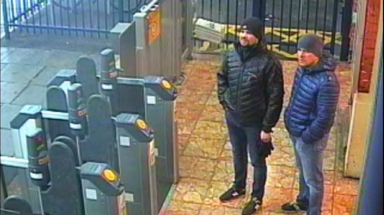 LONDON, ENGLAND - SEPTEMBER 05: In this handout photo issued by the Metropolitan Police, Salisbury Novichok poisoning suspects Alexander Petrov and Ruslan Boshirov are shown on CCTV at Salisbury train station at 16:11hrs on 03 March, 2018, released on September 05, 2018 in London, England. Two Russian nationals using the names Alexander Petrov and Ruslan Boshirov have been named as suspects in the attempted murder of former Russian spy Sergei Skripal and his daughter Yulia March, 2018. (Photo by Metropolitan Police via Getty Images)