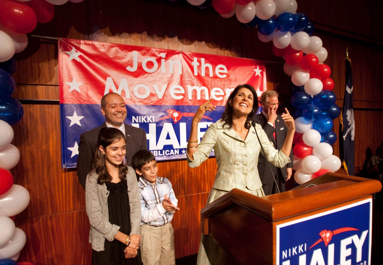 Haley celebrates with her family after being elected governor of South Carolina in November 2010. She is the first woman and the first person of an ethnic minority to become governor of the state.