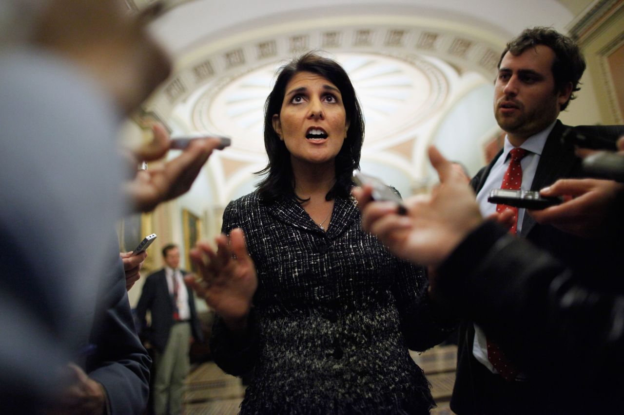 Haley talks to reporters in the US Capitol in December 2010.