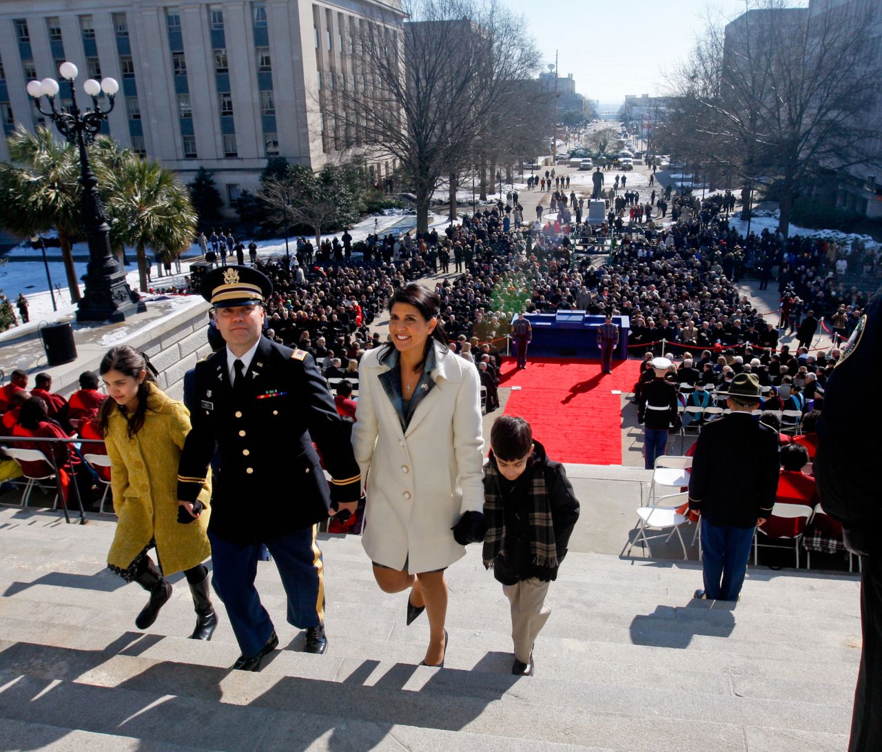 Haley and her family walk back into the South Carolina State House after her inauguration in 2011.