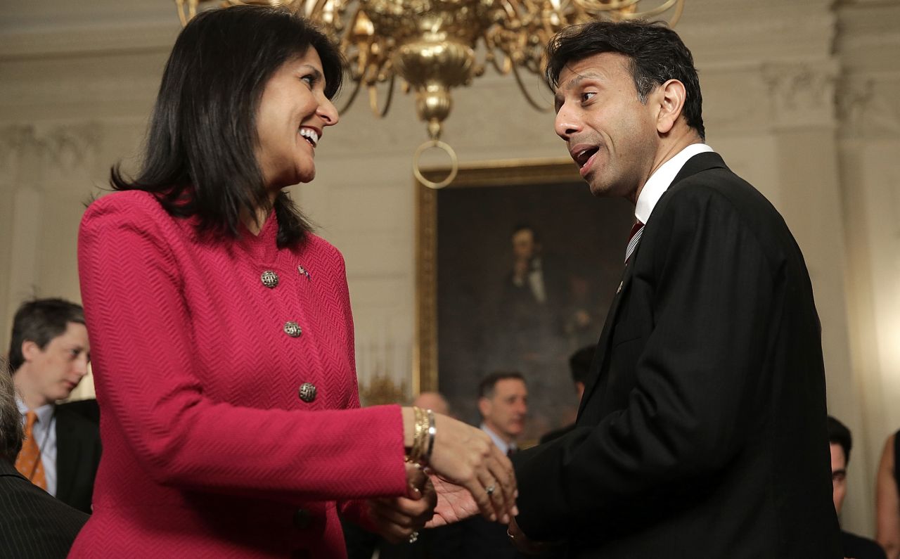 Haley talks with Louisiana Gov. Bobby Jindal during a White House event for the National Governors Association in 2015. Haley and Jindal are the only two Indian-Americans to serve as governors.