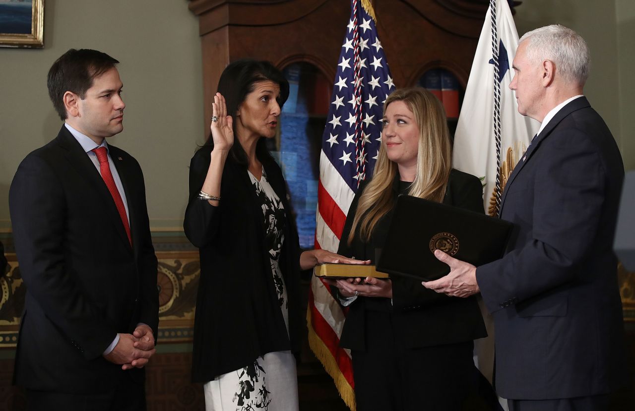 Vice President Mike Pence swears in Haley after her confirmation in January 2017.