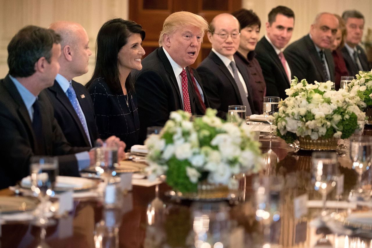 Haley sits beside Trump as he hosts UN Security Council ambassadors in 2017.