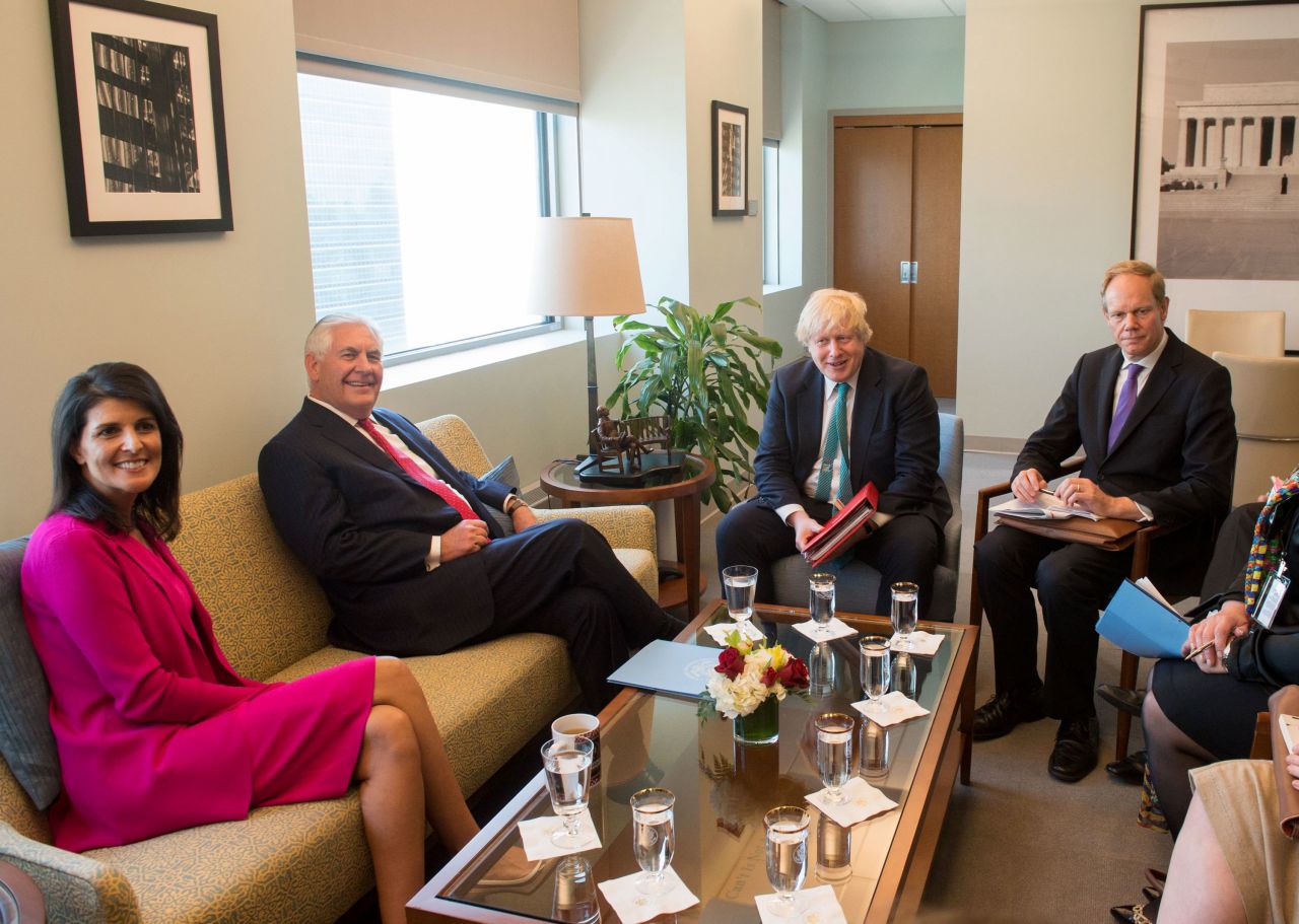 Haley and Secretary of State Rex Tillerson meet in New York with her British counterpart, Matthew Rycroft, and British Foreign Secretary Boris Johnson in April 2017.