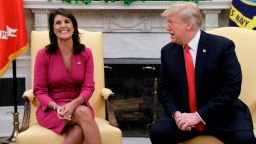 President Donald Trump meets with outgoing U.S. Ambassador to the United Nations Nikki Haley in the Oval Office of the White House, Tuesday, Oc. 9, 2018, in Washington. (AP Photo/Evan Vucci)