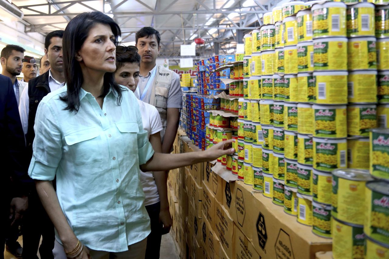 During a visit to a Syrian refugee camp in May 2017, Haley tours a supermarket run by the Norwegian Refugee Council and partly funded by the United States.