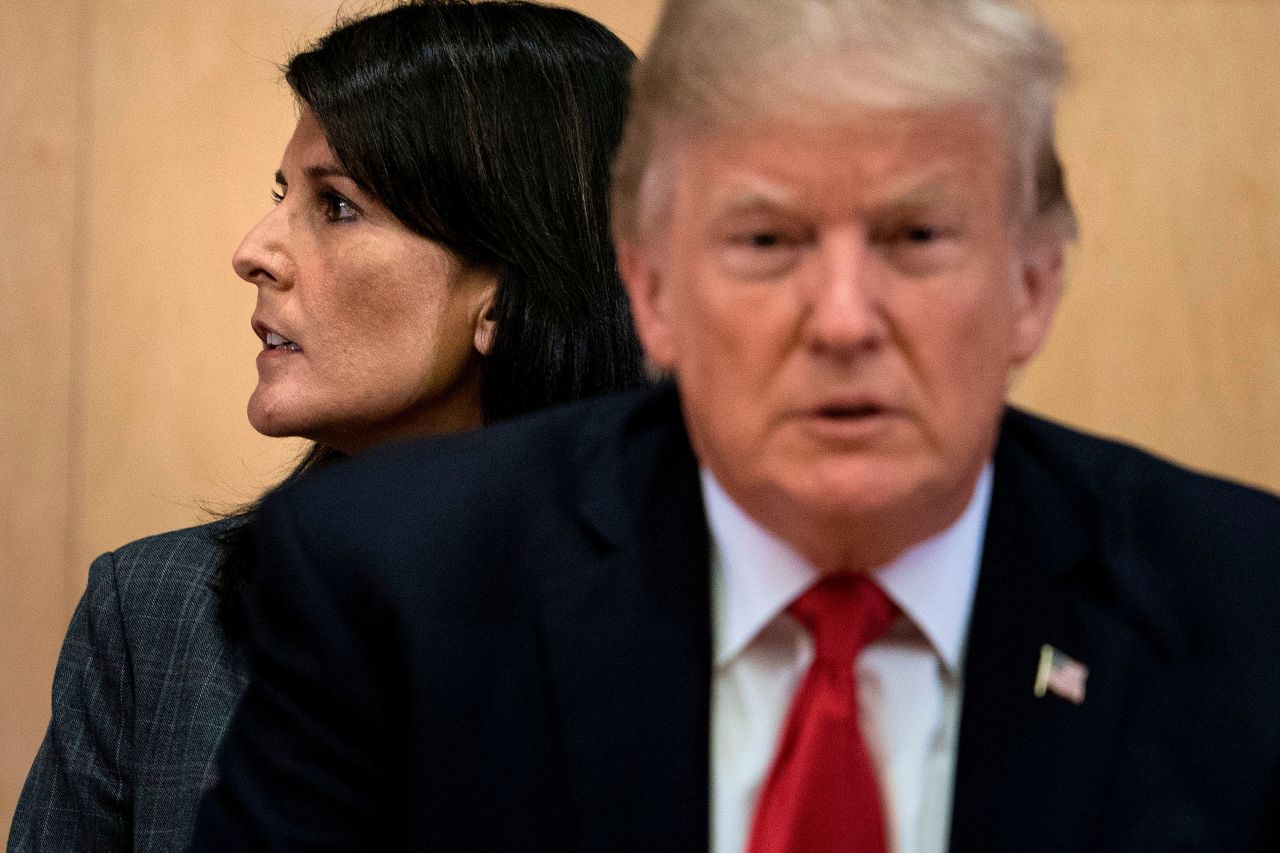 Haley and Trump wait for a meeting on United Nations reform in September 2017.