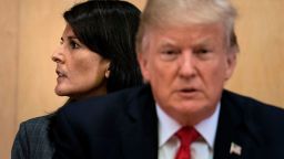 US Ambassador to the UN Nikki Haley and US President Donald Trump wait for a a meeting on United Nations Reform at UN headquarters in New York on September 18, 2017. / AFP PHOTO / Brendan Smialowski        (Photo credit should read BRENDAN SMIALOWSKI/AFP/Getty Images)