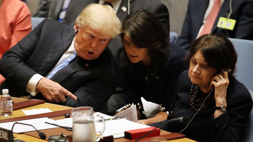 NEW YORK, NY - SEPTEMBER 26:  President Donald Trump speaks with his United Nations (U.N.) ambassador Nikki Haley while chairing a United Nations Security Council meeting on September 26, 2018 in New York City. Trump presides over the 15-member council as the United States holds the monthly rotating presidency. The Security Council meeting coincides with the 73rd United Nations General Assembly at the U.N.  (Photo by Spencer Platt/Getty Images)