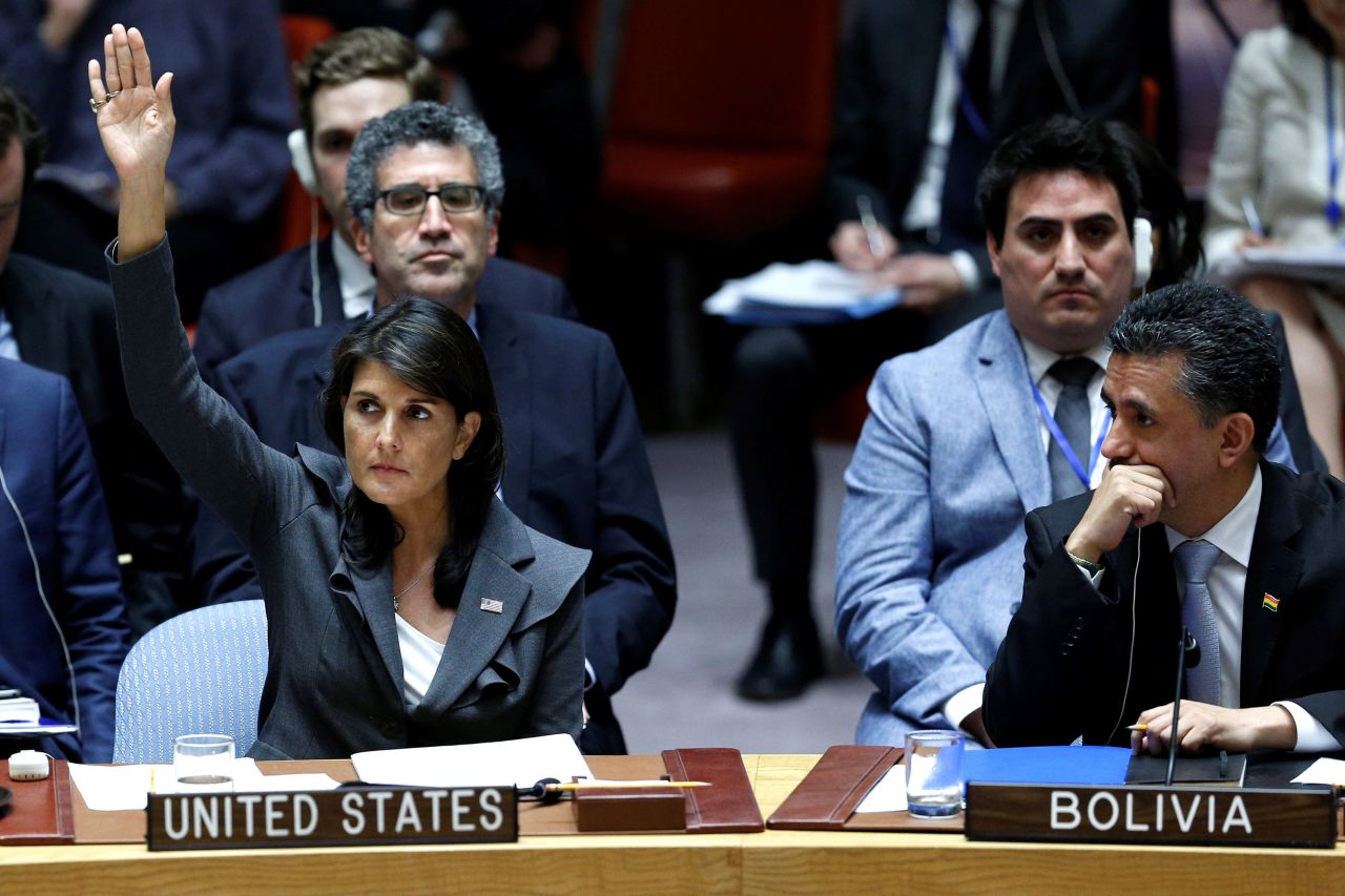 Haley votes during a UN Security Council meeting in June 2018. A draft resolution, submitted by Kuwait, condemned Israeli violence and called for the "protection of the Palestinian people" in Gaza and the West Bank. The United States vetoed the resolution.