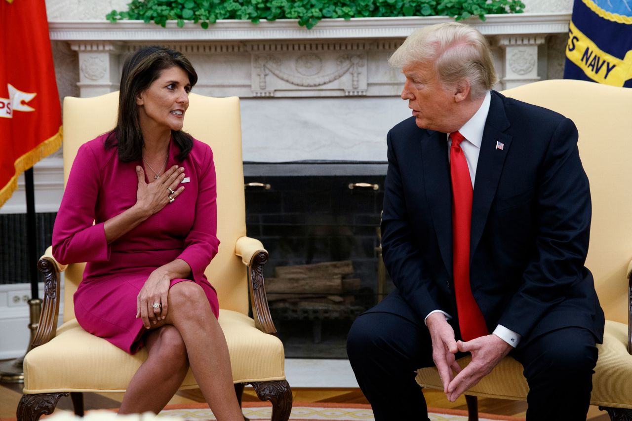 Trump thanks Haley for her work as UN ambassador as they announce her resignation in the Oval Office in October 2018.